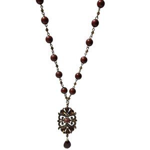 Vintage Elegant Beaded Necklace Gold Tone Pendant Brown Teardrop Charm Jewelry